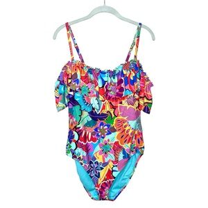 Bleu Rod Beattie Floral One Piece Swimsuit Size 12 Off the Shoulder Ruffle Multi